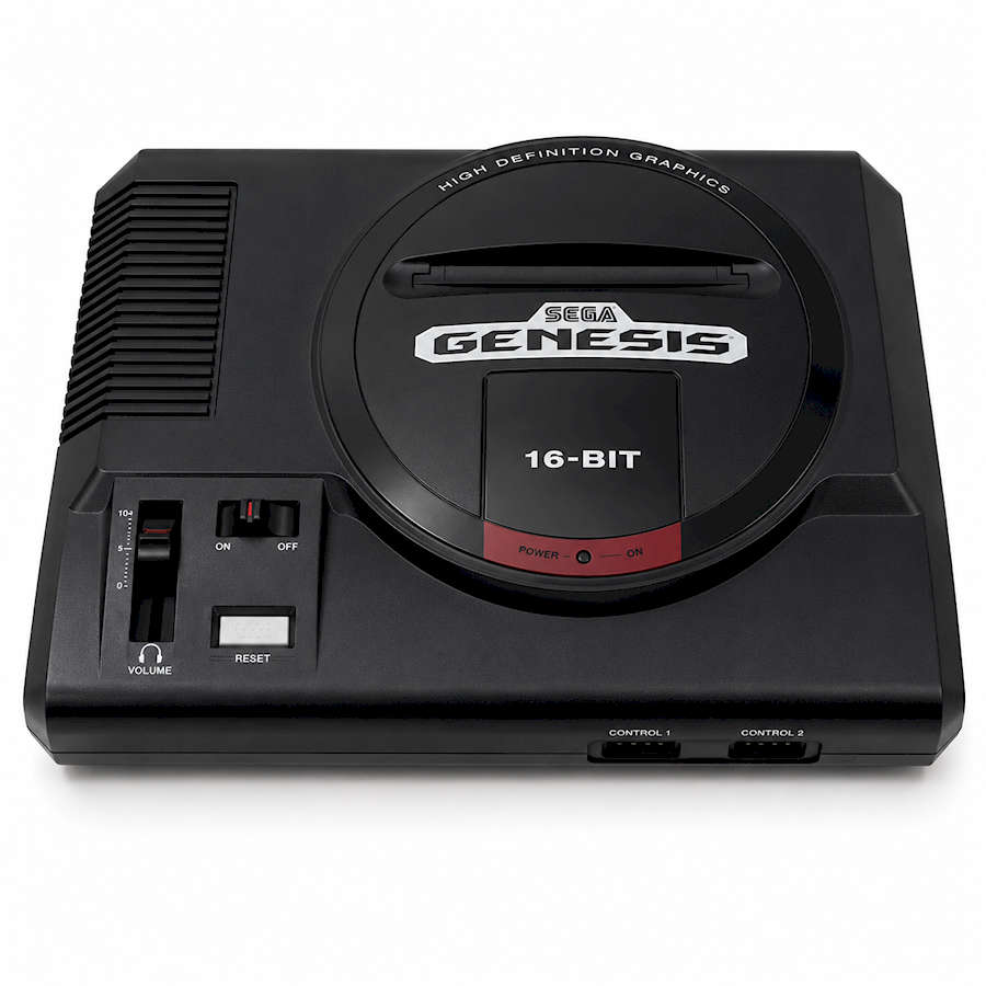Sega Genesis console with 16-bit graphics and power button.