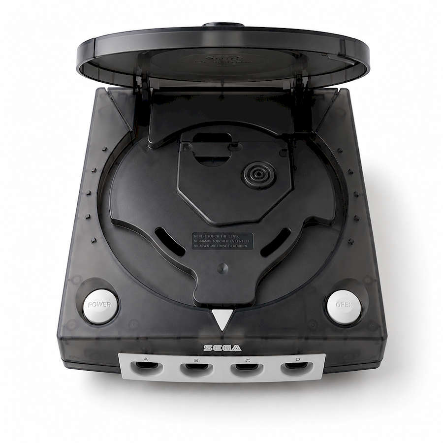 Modded black SEGA Dreamcast console with open lid and disc tray.