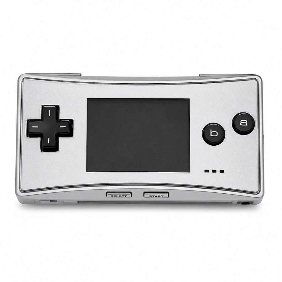 Silver Nintendo Game Boy Micro handheld gaming console with screen and controls.