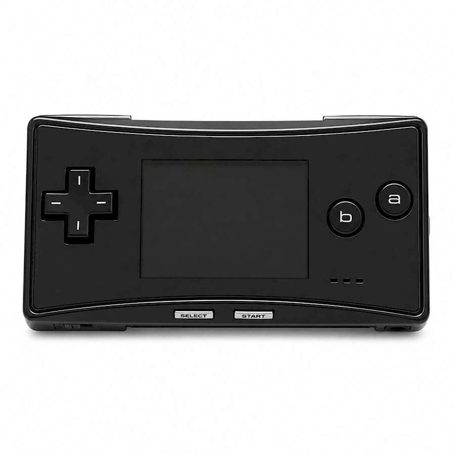 Black portable gaming device with screen and control buttons.