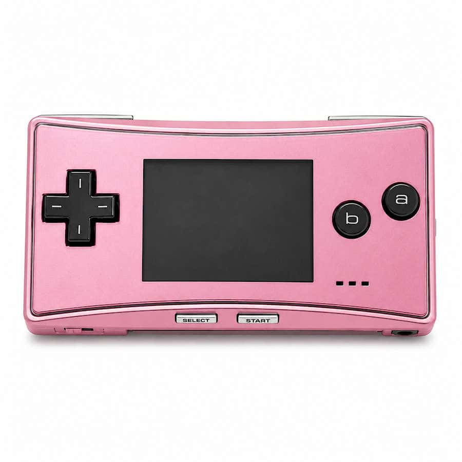 Pink Nintendo Game Boy Micro handheld gaming console with screen and controls.