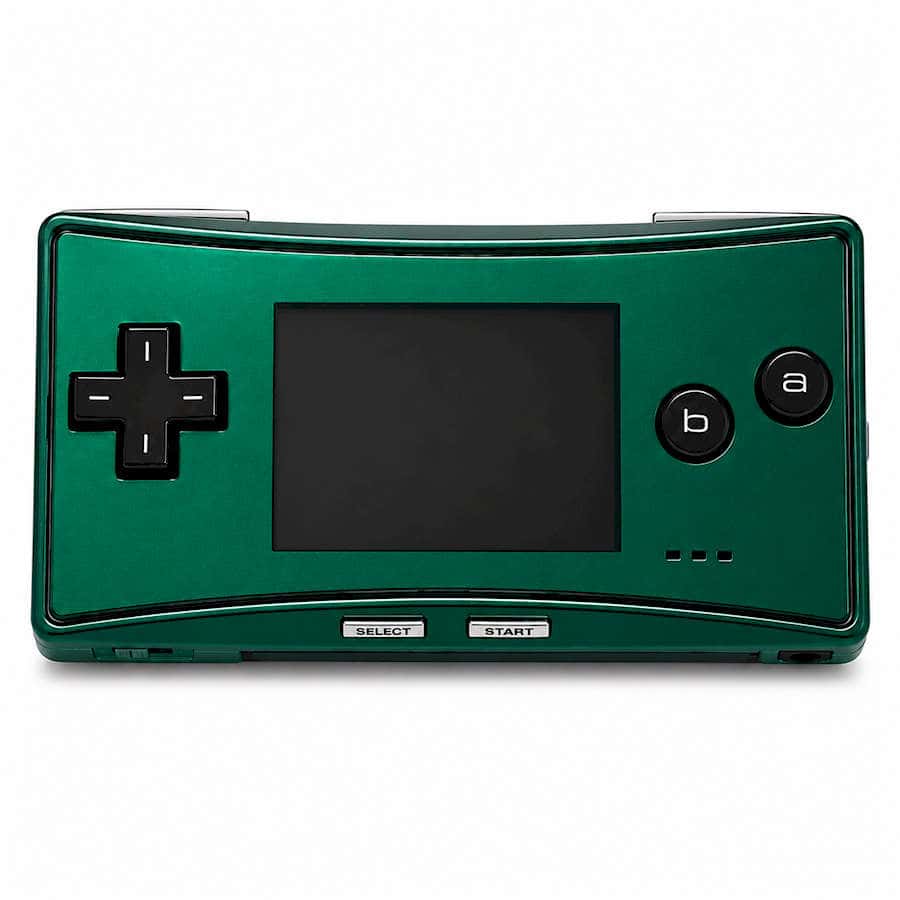 Green Nintendo Game Boy Micro handheld gaming console with screen and buttons.