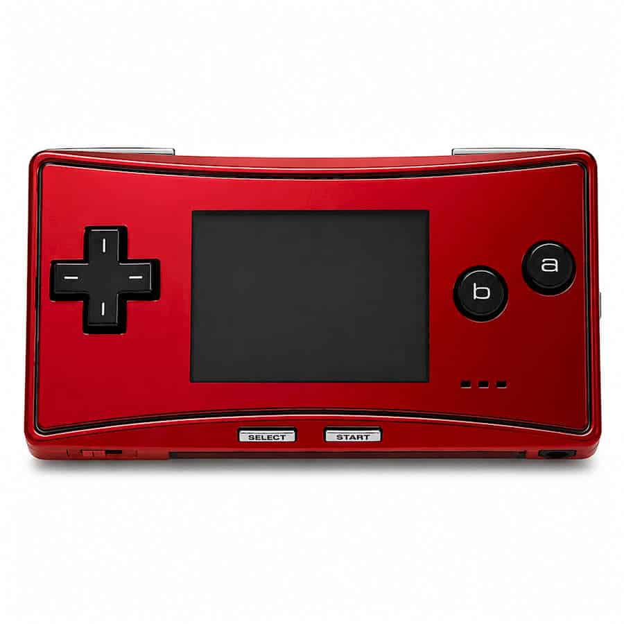 Red Nintendo Game Boy Micro handheld gaming console with screen and controls.