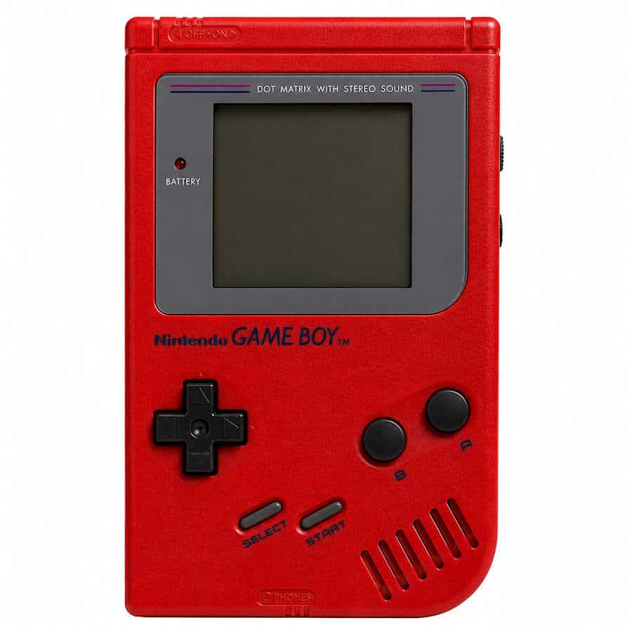 Red Nintendo Game Boy with black controls and screen, vintage handheld gaming device.
