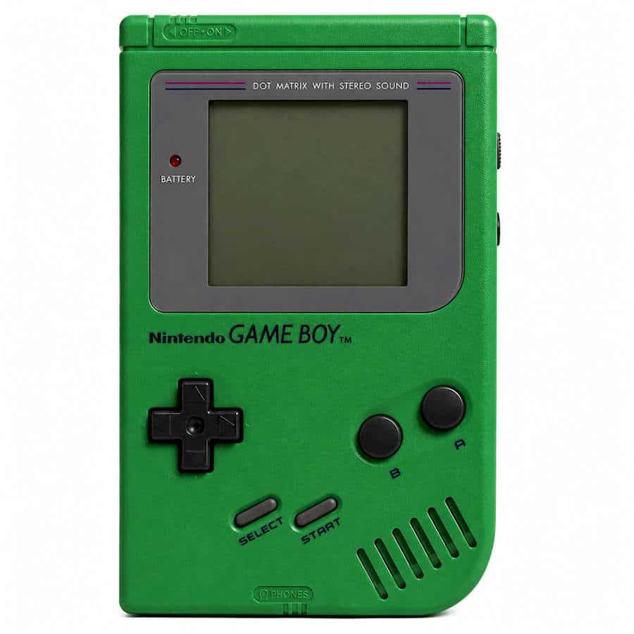 Classic green Nintendo Game Boy handheld console with screen and controls.