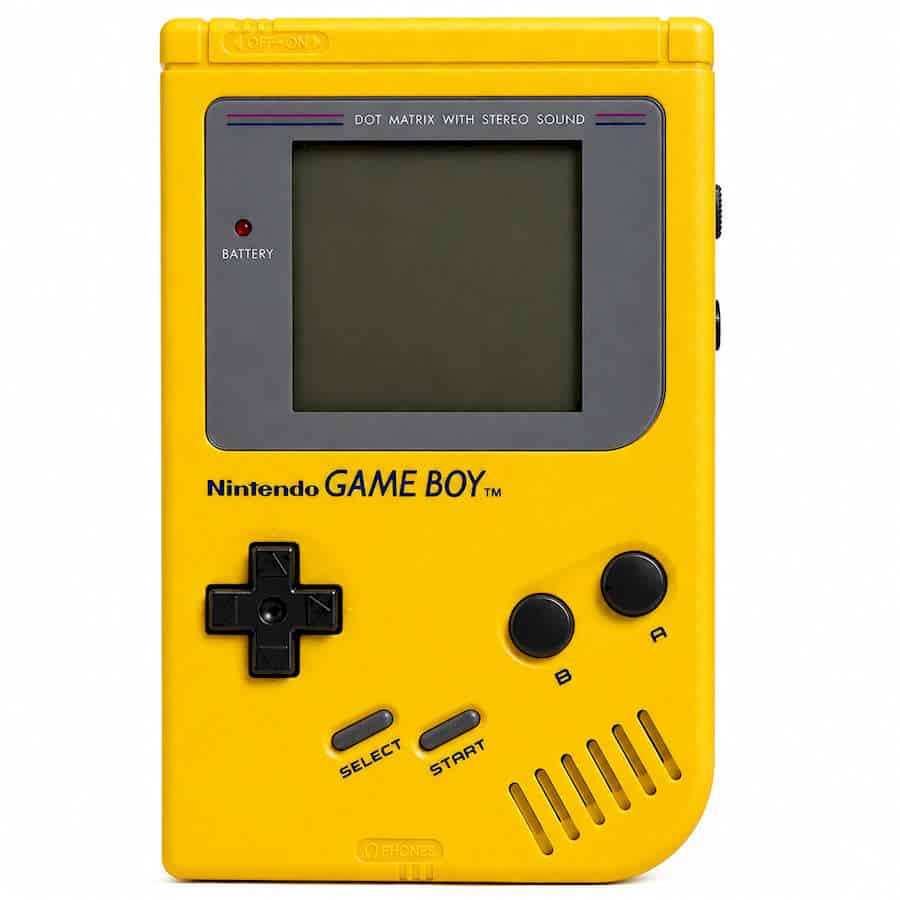 Yellow Nintendo Game Boy with black buttons and screen, vintage handheld console.