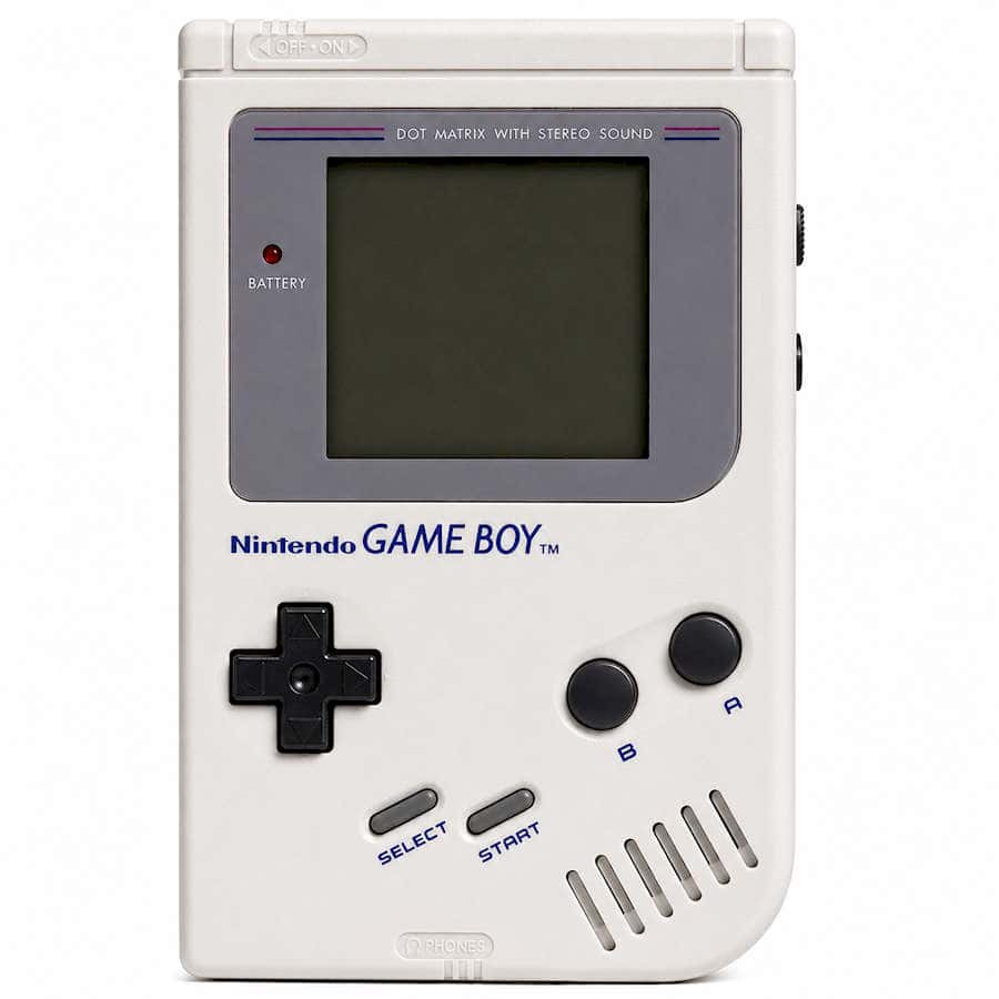 Classic Nintendo Game Boy handheld console with gray and black buttons.