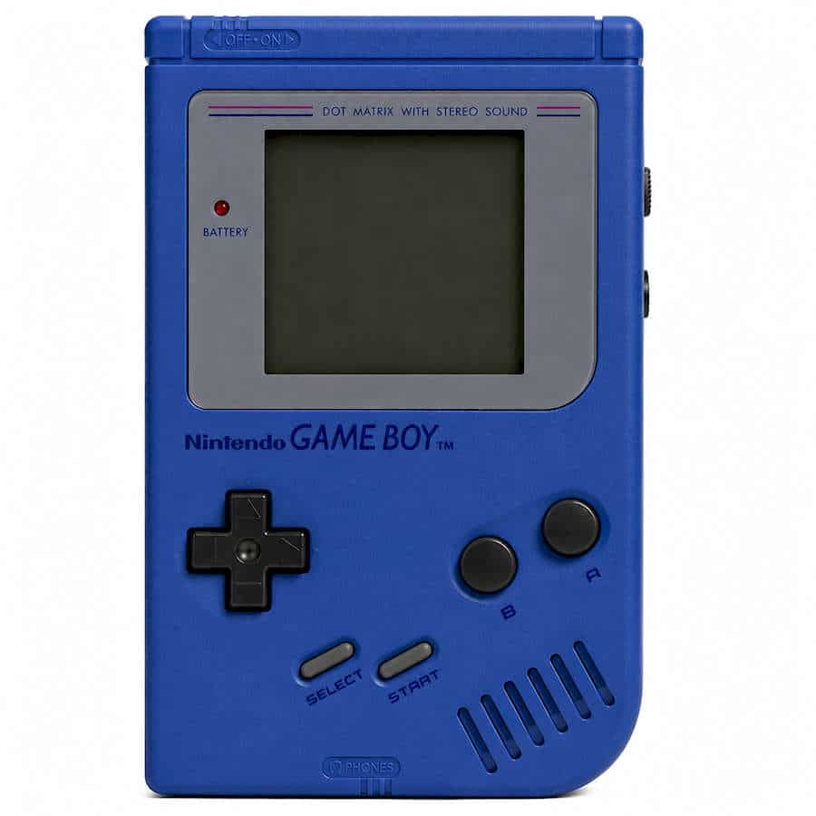 Classic blue Nintendo Game Boy handheld console with screen and controls.