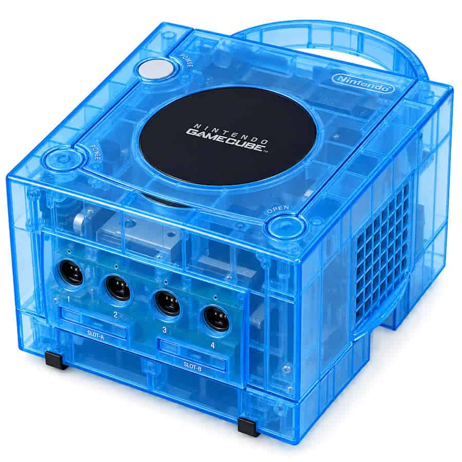 Modded transparent purple GameCube console with custom design.