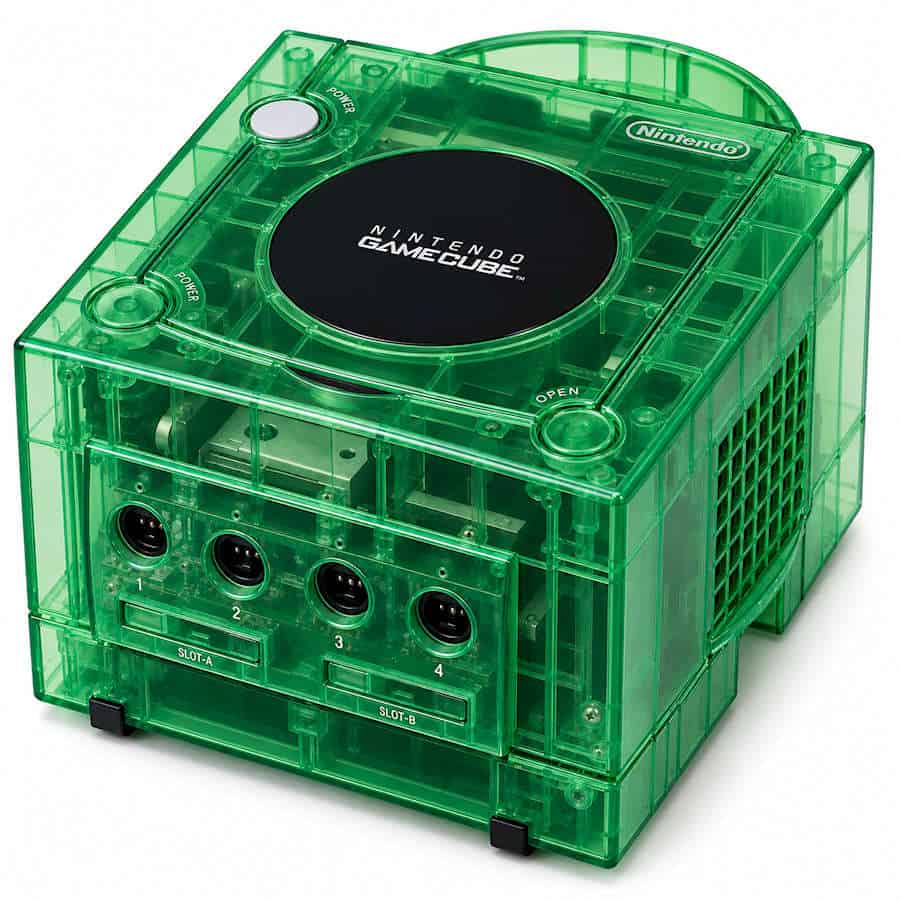 Modded transparent purple GameCube console with custom casing and visible internal components.