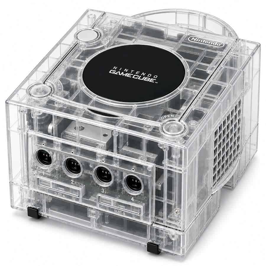 Modded transparent purple GameCube console with visible internal components.
