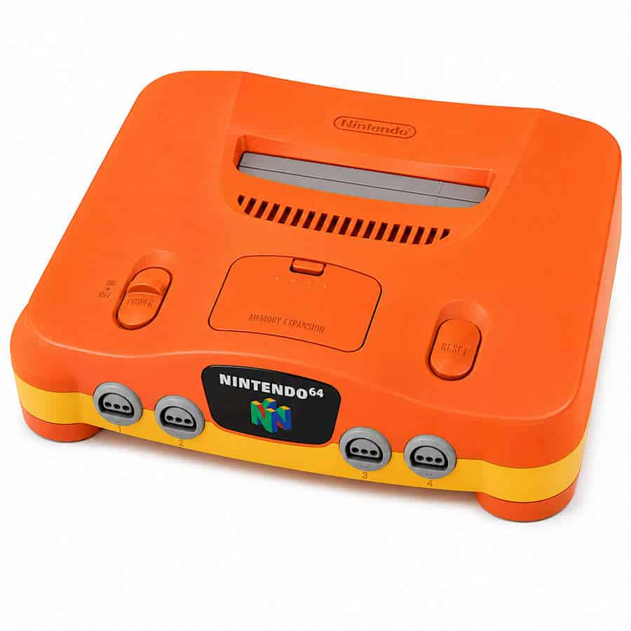 Orange Nintendo 64 gaming console with controller ports visible.