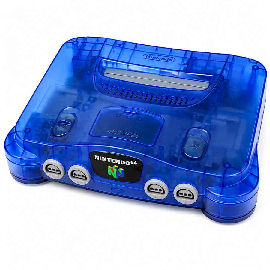Blue Nintendo 64 gaming console with transparent casing and controller ports.