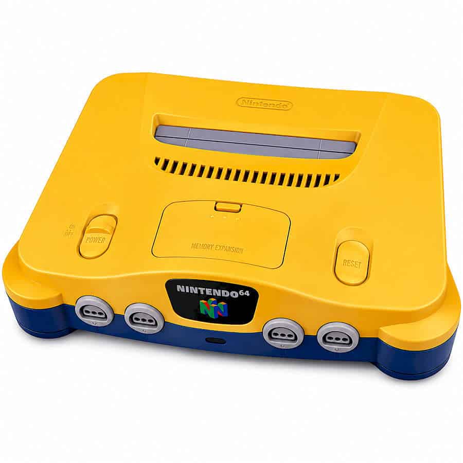 Yellow Nintendo 64 gaming console with gray controller ports and power button.