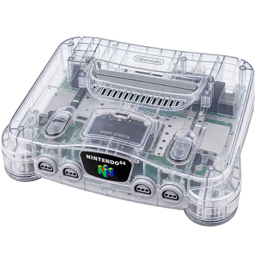 Transparent Nintendo 64 console with controllers and cartridge slot visible.