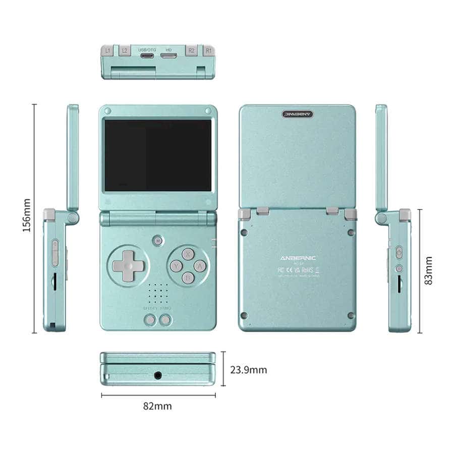Light blue portable gaming device with screen and controls.