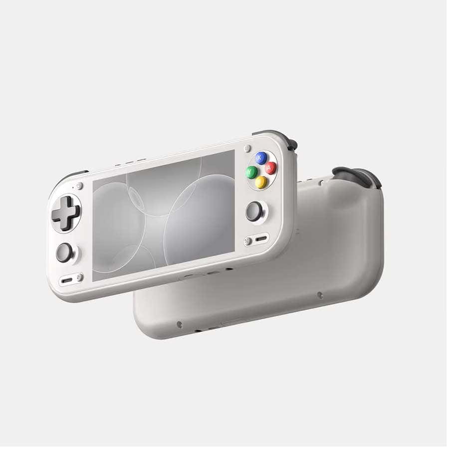 White portable gaming device with colorful buttons and screen.