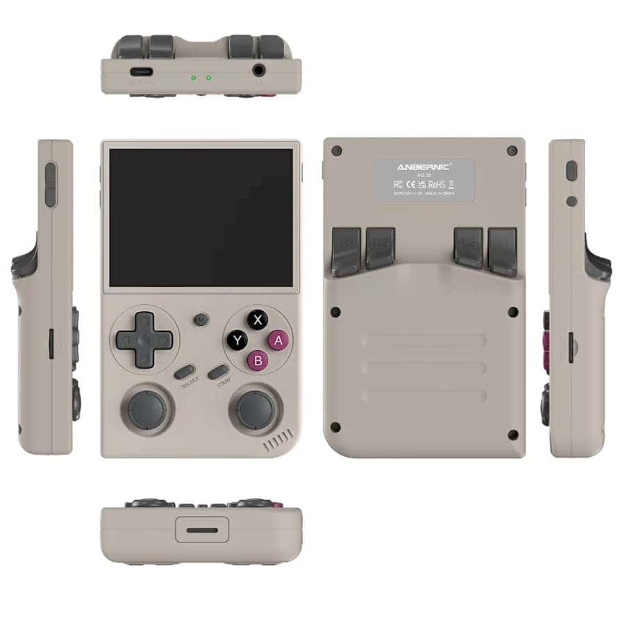 Anbernic RG 35 handheld gaming console with multiple views shown.