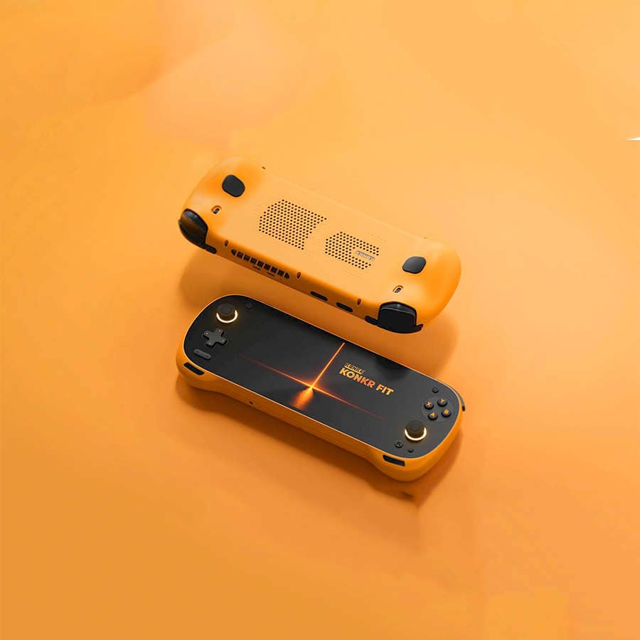 Portable gaming console with KONKR FIT branding on a yellow background.
