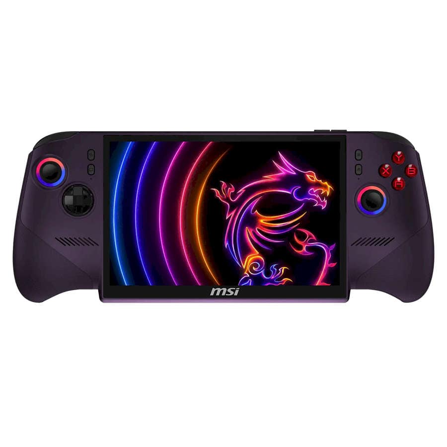 MSI Claw 8 AI+ handheld gaming console with colorful dragon logo display.