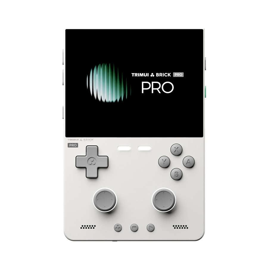 TRIMUI Brick Pro handheld gaming console with screen and controls.