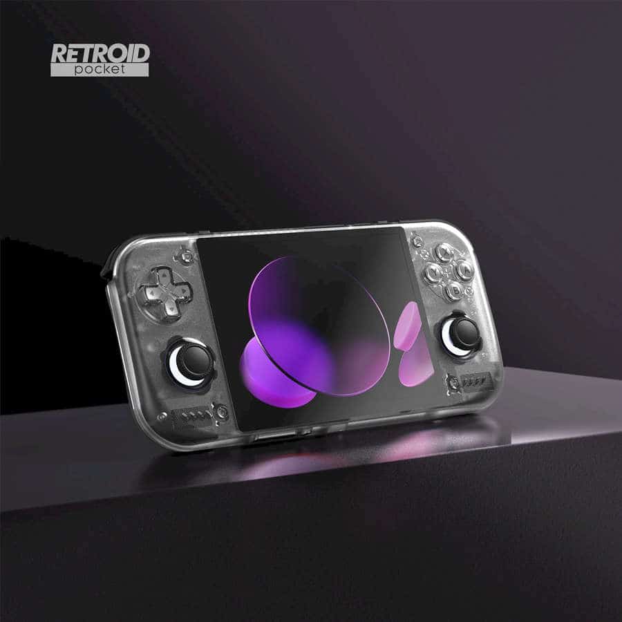 Retroid Pocket Nova handheld gaming console with transparent design and screen.